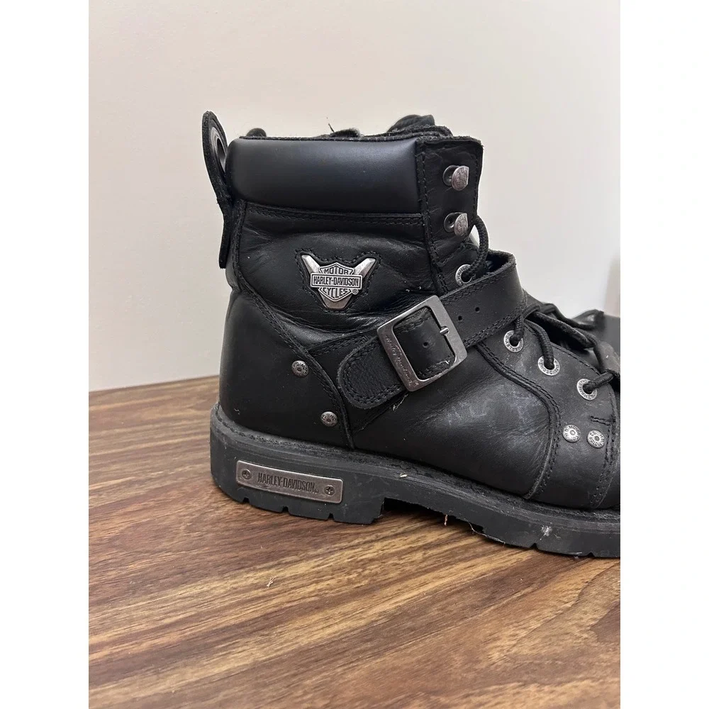 Harley Davidson Mens Black Leather Biker Boots Side Zip Buckle Moto Lug Sole